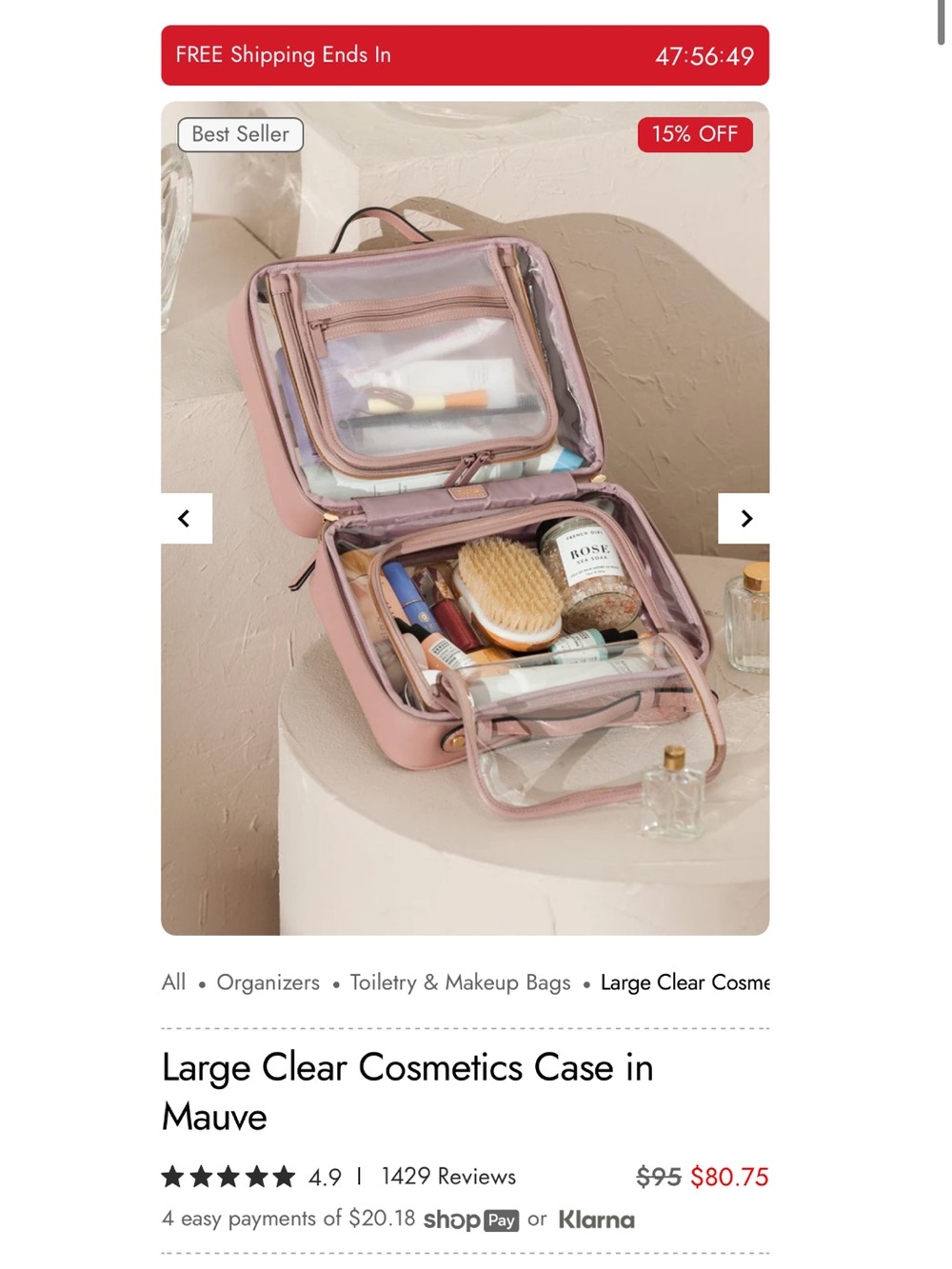 CALPAK Large Clear Cosmetics Case in Mauve/Pink